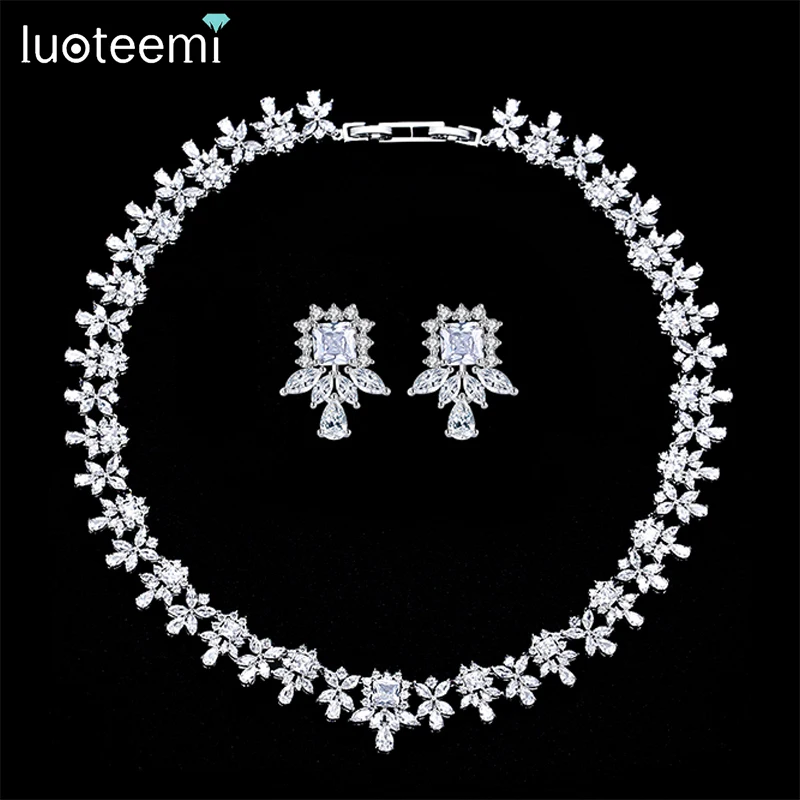 LUOTEEMI Royal Queen Bridal Jewelry Sets For Women Luxury Necklace Earrings Wedding Dress Bride Jewelry Set Engagement Gifts