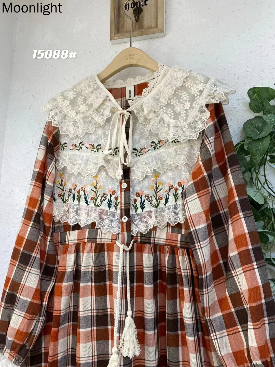 Vintage Embroidery Mori Girl Plaid Dress Autumn Women Japanese Sweet Lace Peter Pan Collar Long Sleeve Loose Cotton Linen Dress