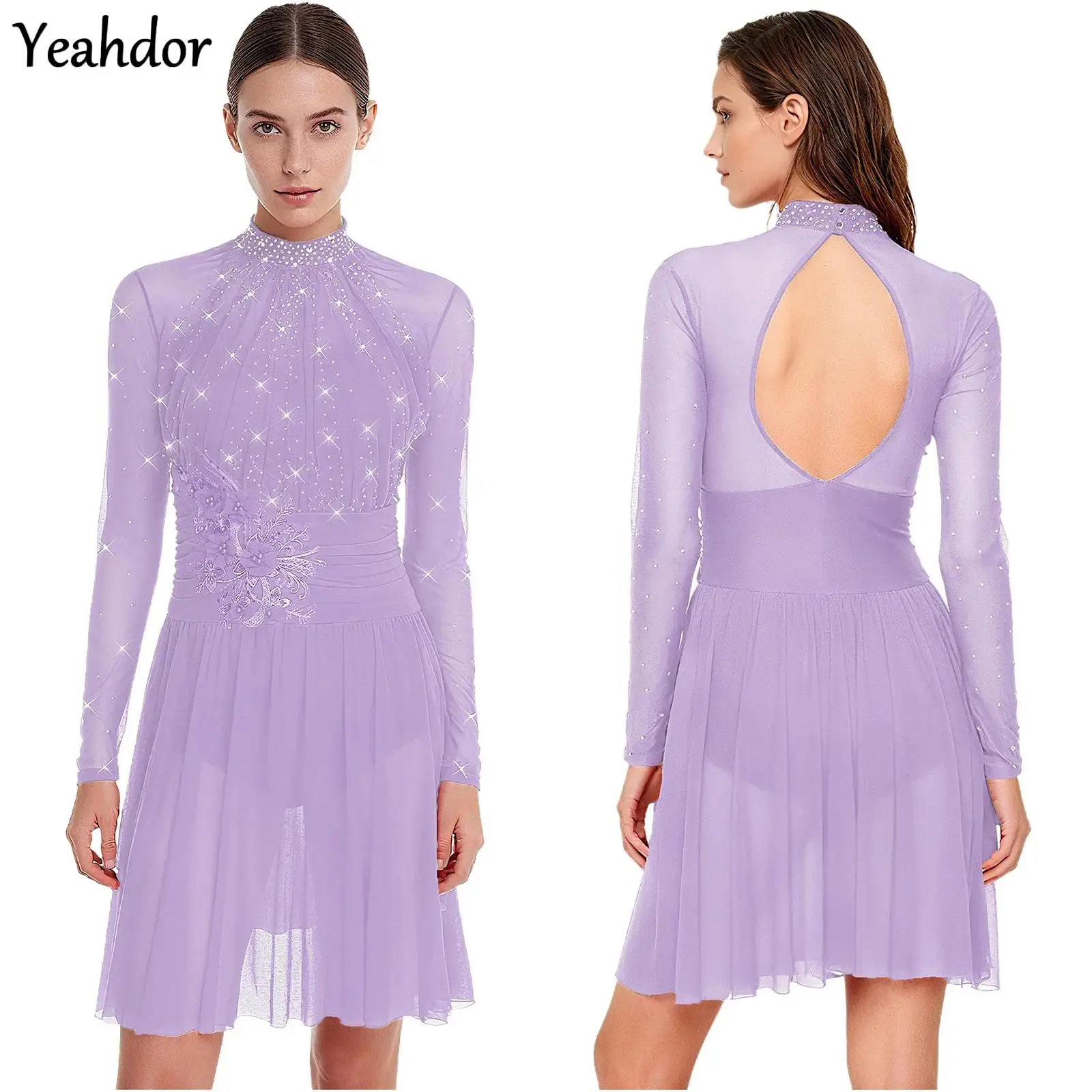 

Women Women Gymnastics Ballet Leotard Dress Embroidery Rhinestones Hollow Back Long Sleeve Lyrical Figure Skating Dance Costume