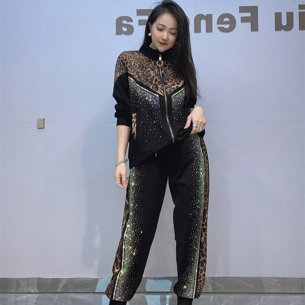 Casual Sports Suit Women Leopard Print Splicing Stand-up Collar Hot Diamond Long-sleeved Zipper Jacket and Pants Two-piece Sets