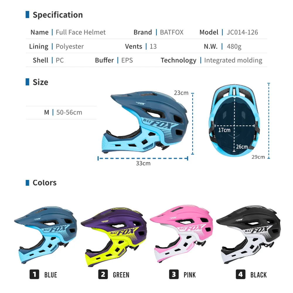 BATFOX Children's Helmet Full Face Removable Helmet Casco Mtb Scooter Bicycle Cycling Safety Balance Dirtbike Helmet