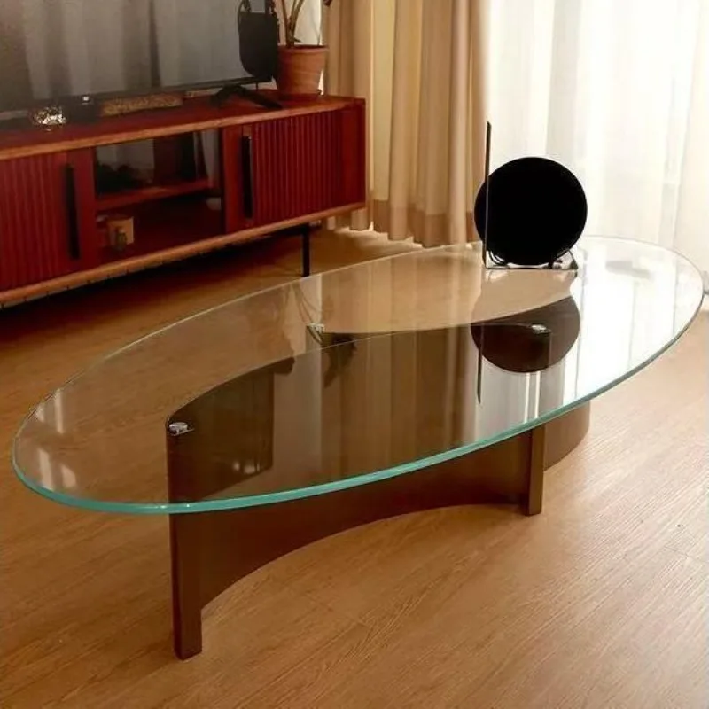 

Living room ultra-white glass oval minimalist coffee table stainless steel modern Italian medieval coffee table