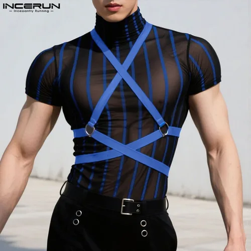 Imagen 2 del producto INCERUN, camiseta para hombre, retales a rayas de malla, cuello alto transparente, camisetas de manga corta para hombre, ropa de calle, ropa de fiesta para hombre 2025