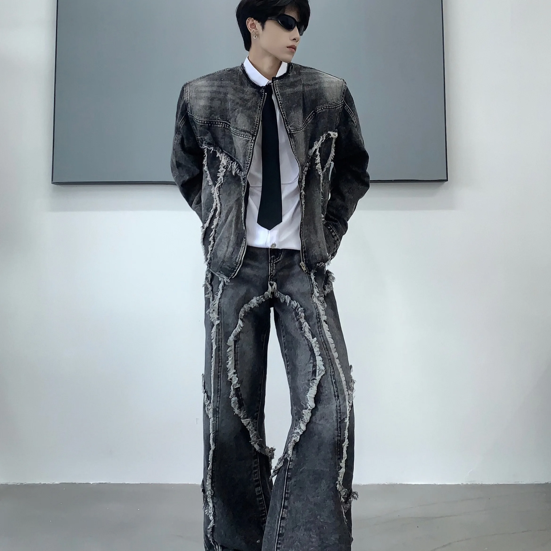 

American Sle Waed Tie Dye Denim Jaet And Pants Set with Frayed s And Bell Bot for Teenage Boys