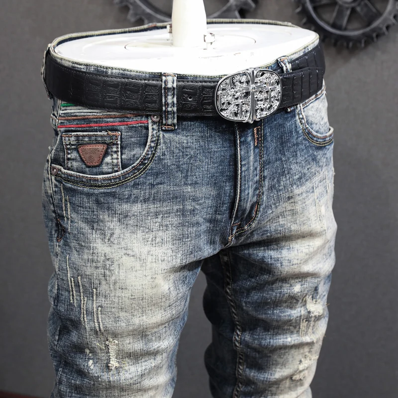 Fashion Vintage Men Jeans Retro Gray Blue Elastic Stretch Slim Fit Patched Ripped Jeans Men Painted Designer Denim Pants Hombre