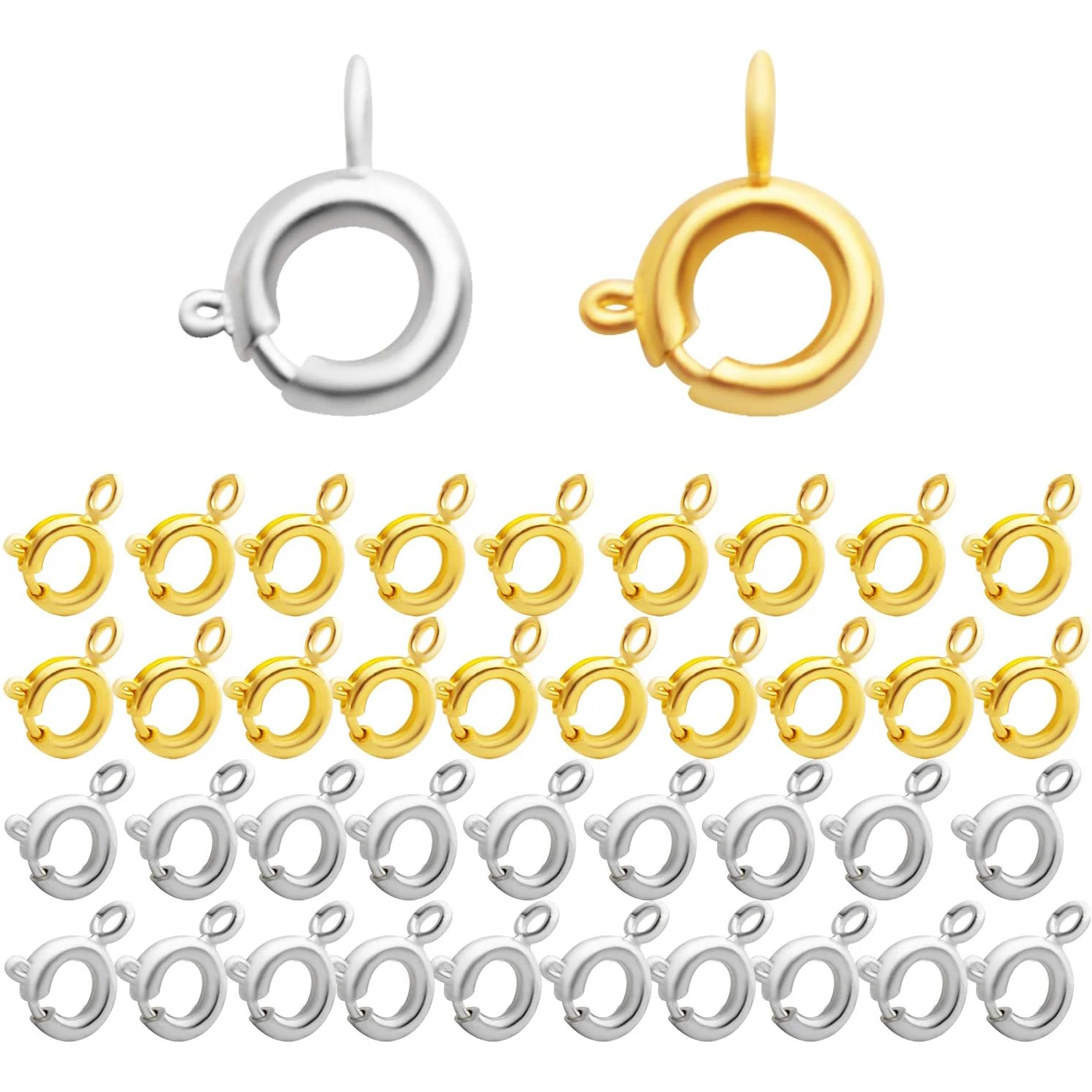 

40pcs Spring Ring Clasp Brass Round Clasps Open Ring Jewelry Spring Clasp for Necklace Bracelet Jewelry Making,Gold and Silver
