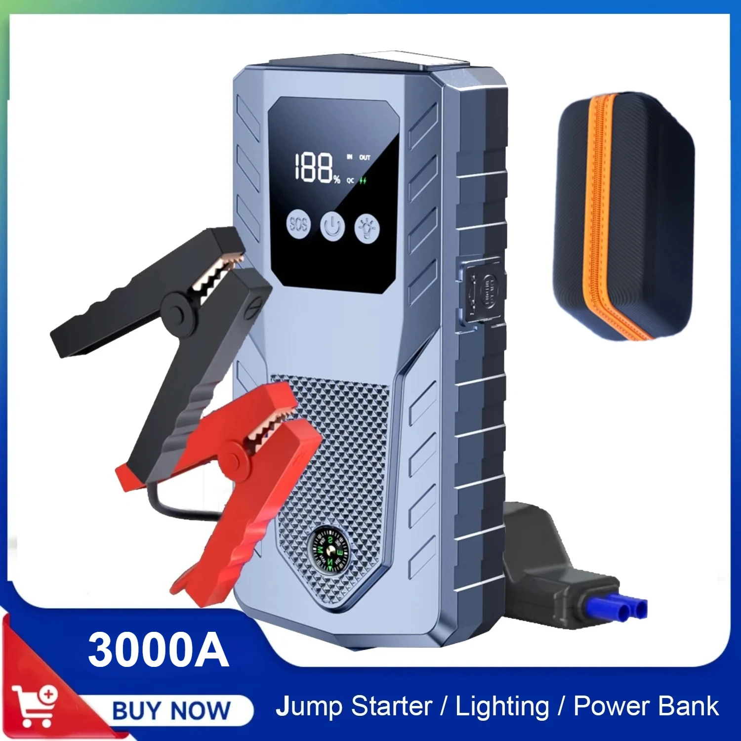 

3000A Portable Car Jump Starter Battery Emergency Booster for 12V Petrol Diesel Car Power Bank with Lighting Emergency Hammer