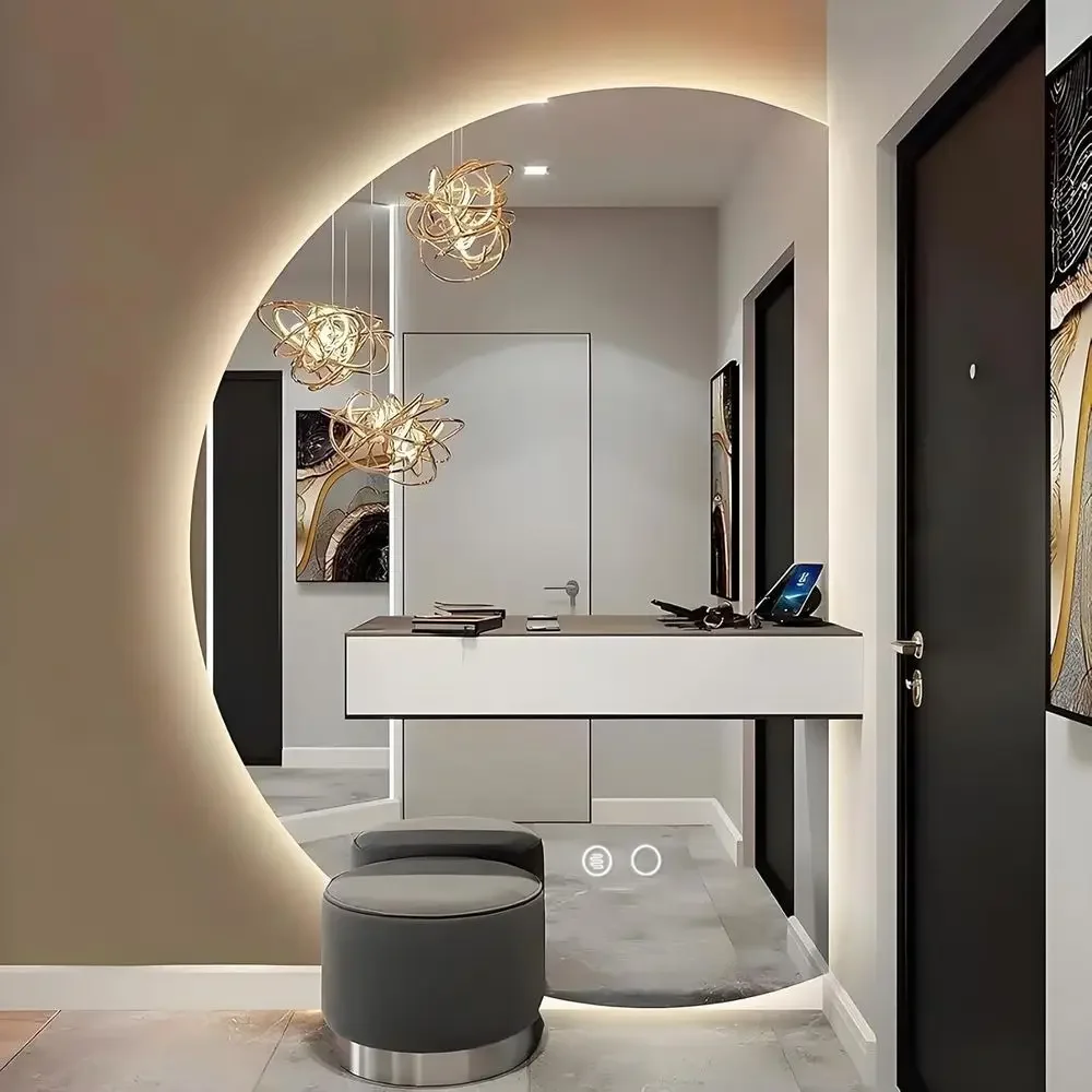 LED Wall Mirror, Smart Anti-Fog Bathroom Mirror, 3 Color Dimmable Makeup Mirror, Decorative Mirror with Touch Switch (Right Cut,