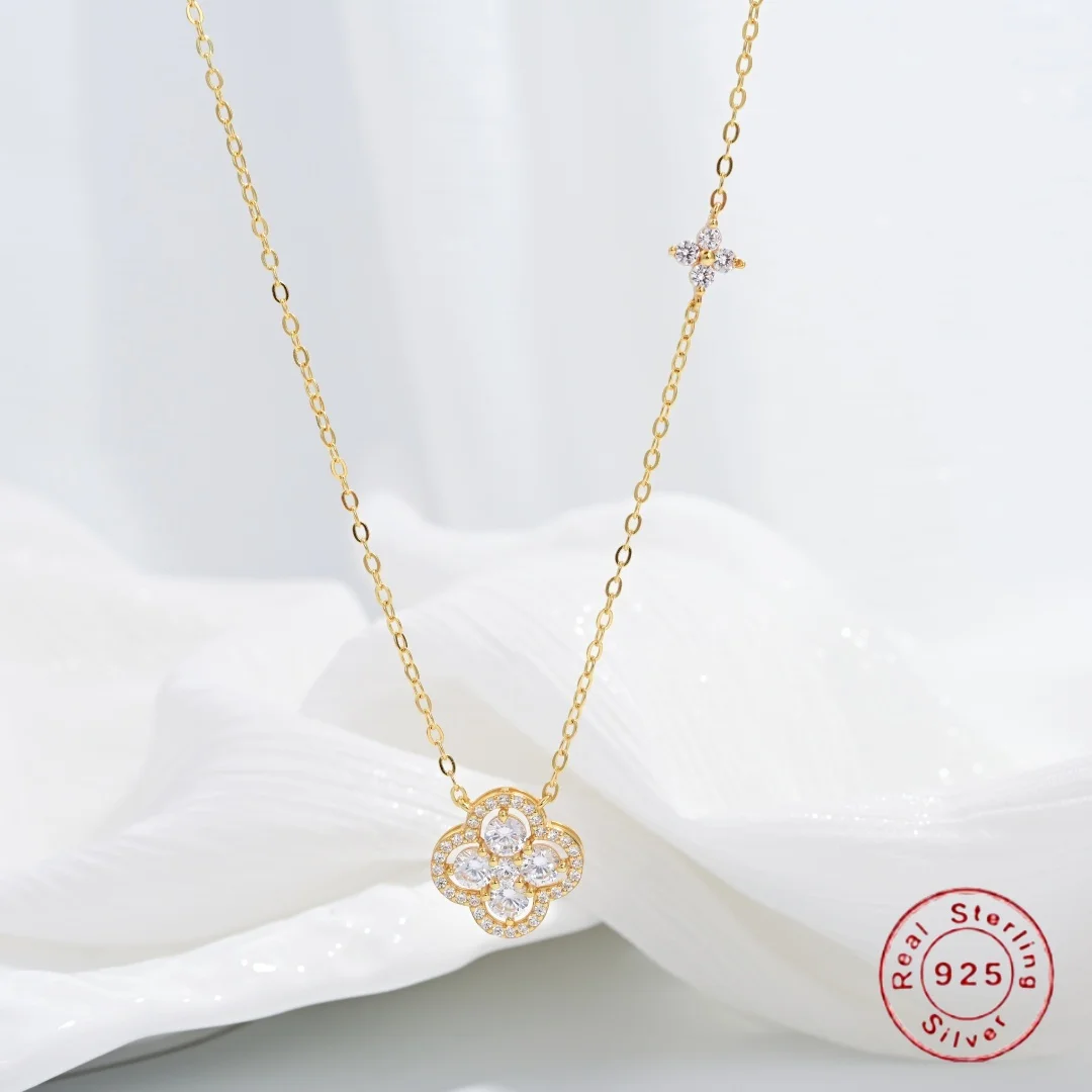 

S925 Sterling Silver Light Luxury Fashion Twin Zircon Clover Necklace, Suitable For Women's Daily Wear And Party Attendance SL50