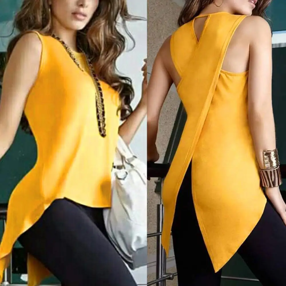 New Women Summer Fashion Solid Color Sleeveless Irregular Cross Back Vest Tank Top