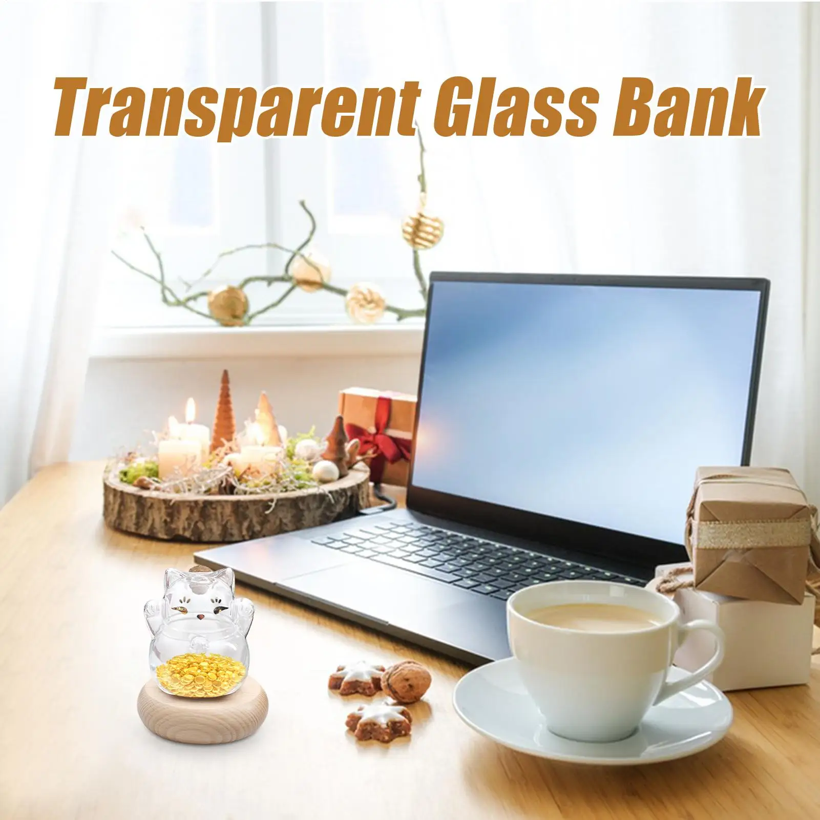Glasdose, Münzbank, dekorative Spardose, klarer goldener Bohnenbehälter, Katzenform, Spardose für Bücherregal, Ausstellungsstand, Wunschstern