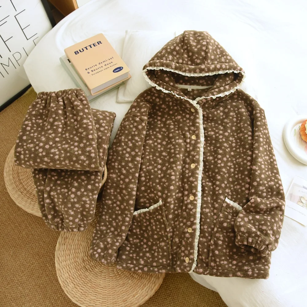 Winter Thickened Warm Sleepwear Hooded Pajama Sets Flannel Homewear Female 2Pcs Home Clothes Trouser Suit Pijama Pyjama Woman