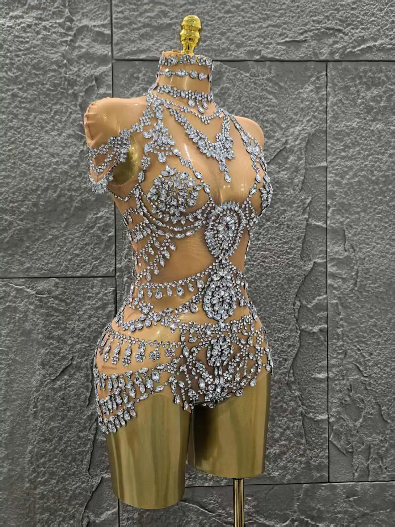 Body ajustado transparente de malla Sexy de cristal brillante para mujer, traje de actuación de cantante para fiesta en club nocturno, ropa de escenario