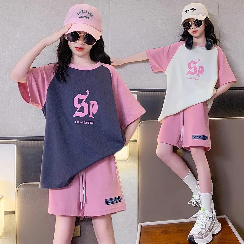 Girls Suits Medium and Large Children Summer New Shoulder Letter Color Combination Casual Lazy Short-sleeved Two-piece Set