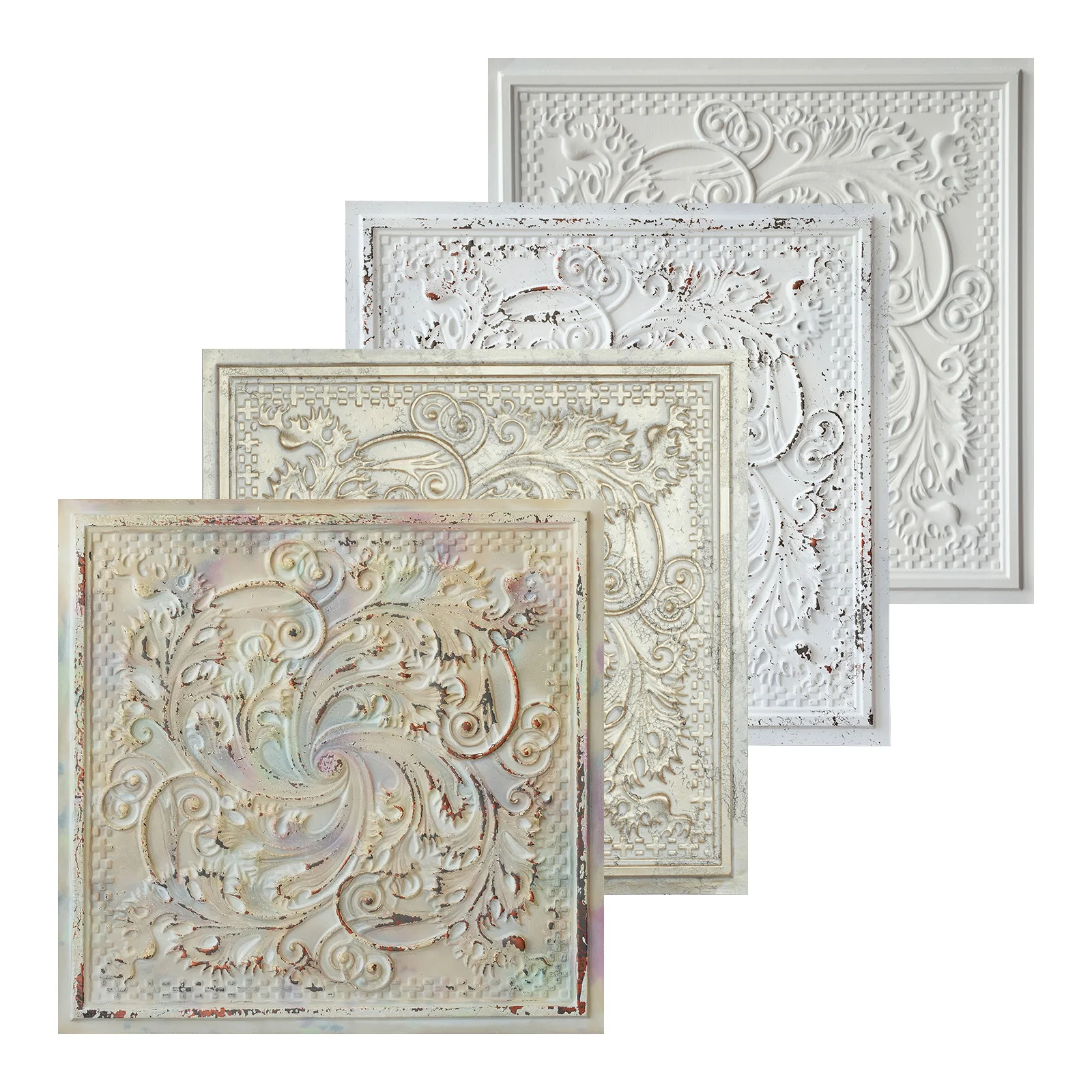 Azulejos de techo adornados, paneles de pared de hojalata de PVC, 24"x24" para Cafe PL62 Distress crack blanco negro