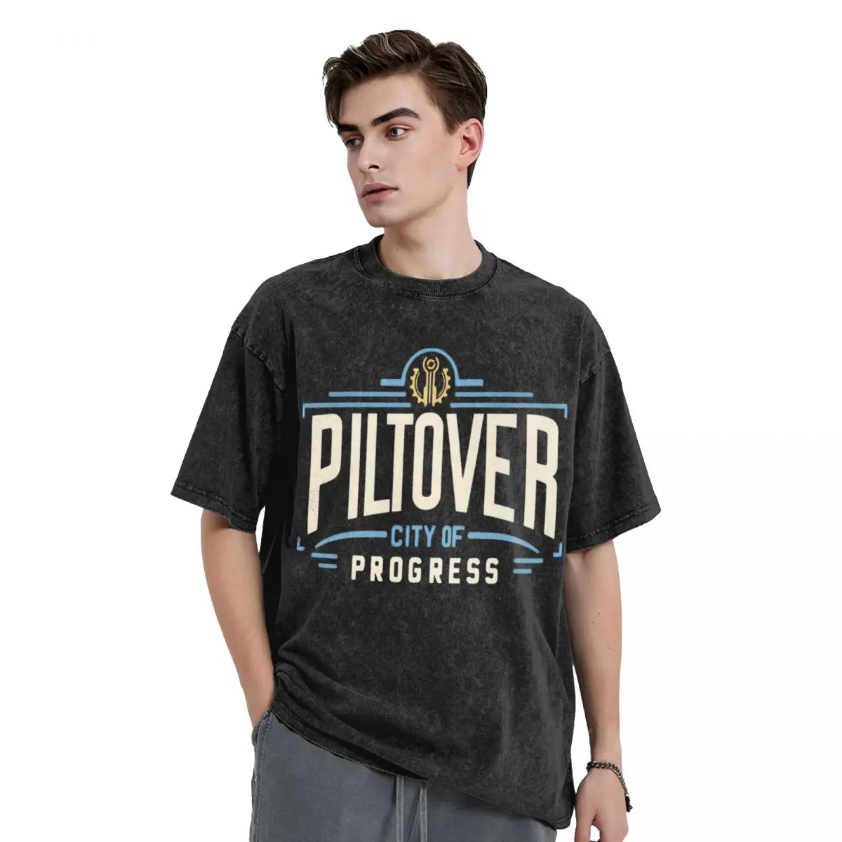 Piltover City Of Progress - Parody Washed T Shirt Streetwear Cool T-Shirt Arcane Tees for Men Women 100% Cotton Oversize Summer