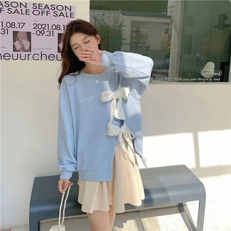 Bow Bandage Patchwork T Shirts Spring Autumn New Long Sleeve Solid Slit Hem Loose Casual Tops Korean Fashion Y2K Women Clothing