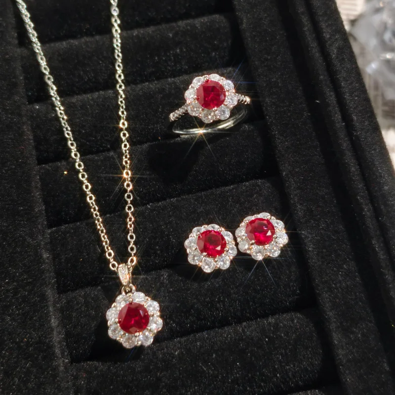

1 Carat Niche Luxury Red Corundum Fluorescent Light Color-Changing Pendant Necklace for Women Open Ring Earrings Three-Pie