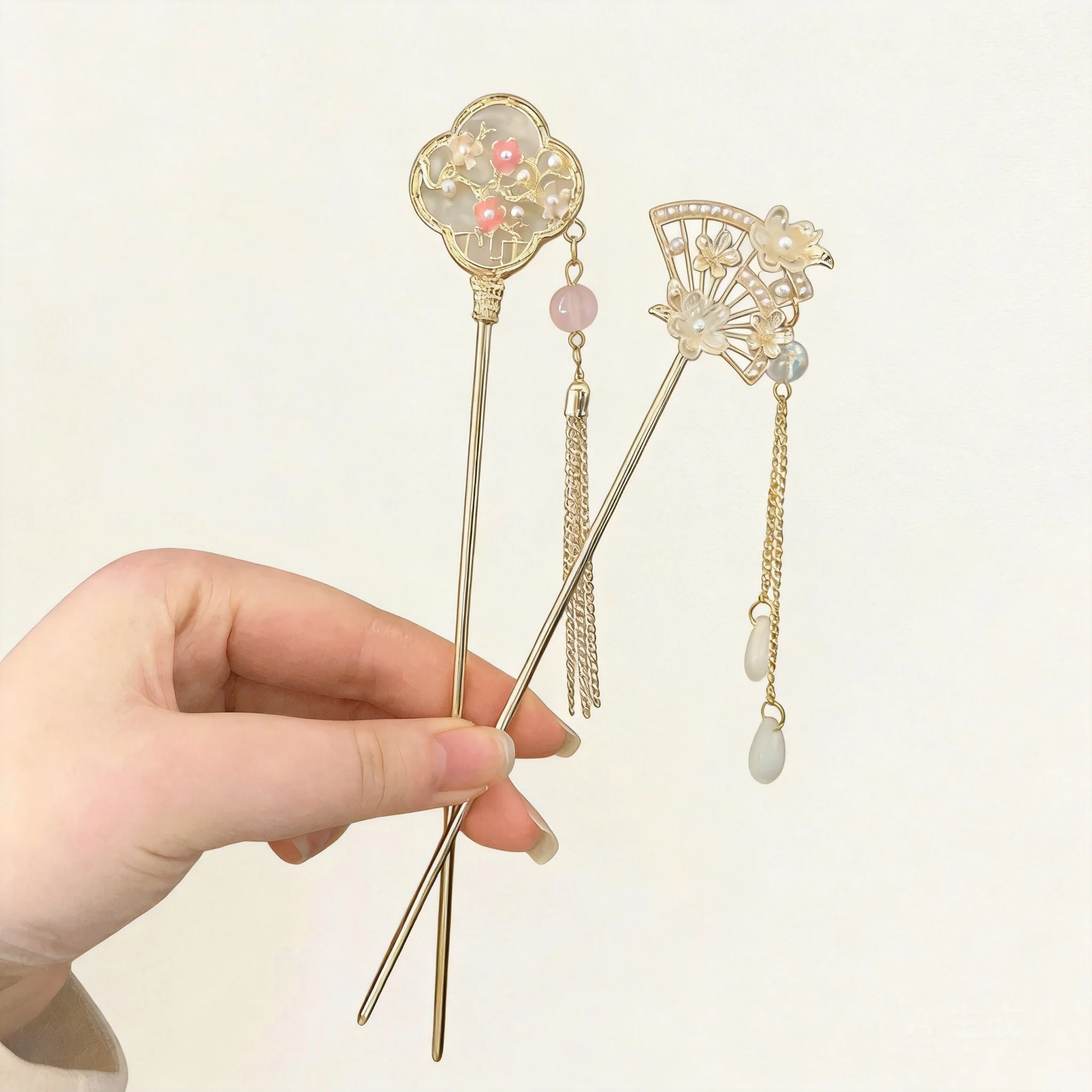 Chinese Style Auspicious Flower Fan Shape Tassel Hairpin Traditional Vintage Hanfu Xiuhe Hair Stick Lucky Blessing Hair Accessor