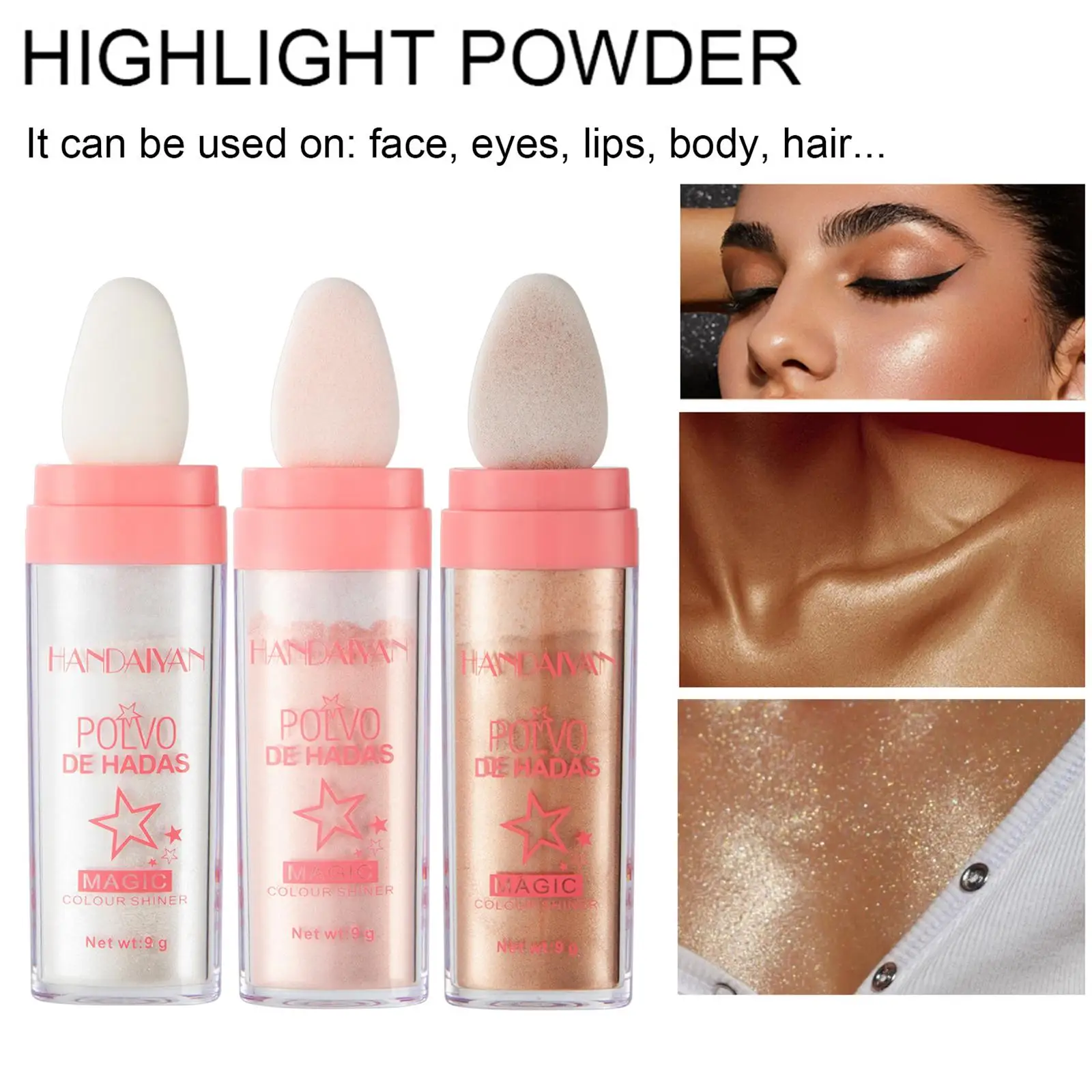 HANDAIYAN 3-kolorowy brokat w proszku Rozświetlacz Makijaż Ciało Rozjaśnia naturalny róż do twarzy Fairy Highlight Patting Powder