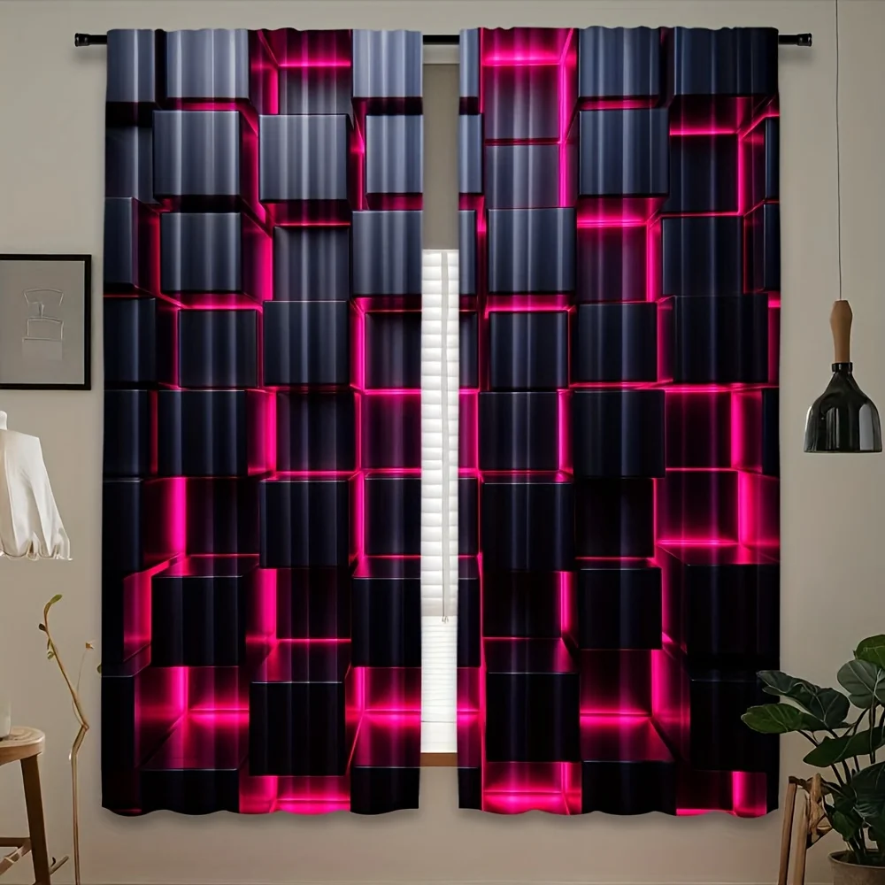 2pcs, Abstract Black Cubes Pink Glow Curtains, Rod pocket design, Machine Washable, All Season Decorative, Designed for Living R