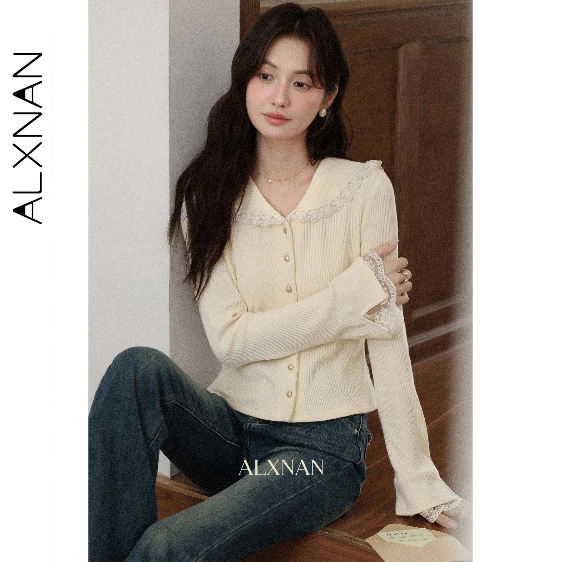 

ALXNAN Women's Knitted Cardigan Cream Yellow Lace Stitching Long Sleeve Jumpers 2025 Autumn Slim-fit Casual Female Tops L57066