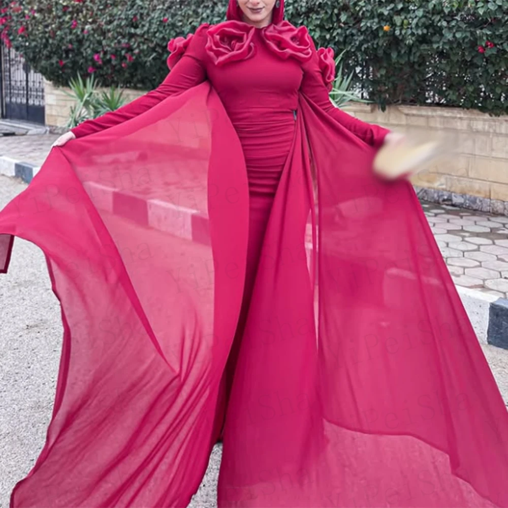 Abiti da ballo a-line personalizzati Abito da sera a maniche lunghe con o-collo lungo fino al pavimento Fiori di moda Abito da festa casual drappeggiato semplice