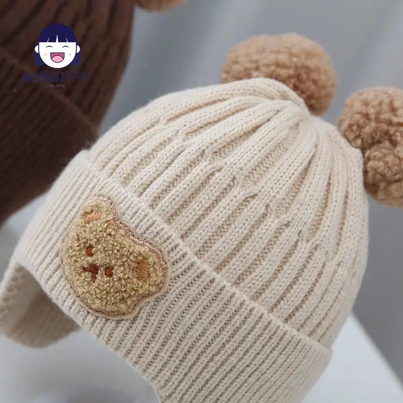 Winter Baby Beanie Cap Cartoon Bear Ear Protection Knitted Hat for Toddler Boys Girls Cute Korean Warm Kids Crochet Hats Gorros