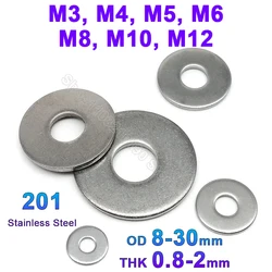 5-50pcs M3 M4 M5 M6 M8 M10 M12 Flat Washer 201 Stainless Steel Metal Gasket Meson Plain Washers Ring Spacer Din9021 Thk 0.8-2mm