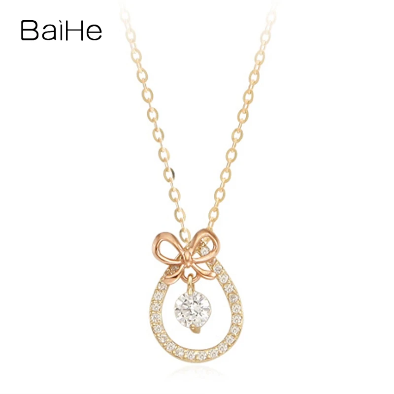 BAIHE Solid 14K Yellow+Rose Gold H/SI Natural Diamond Pendent Necklace Women Gift Trendy Fine Jewelry Making Diamant halskjede