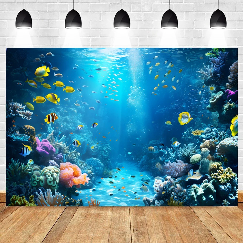 Underwater World Seabed Theme Photography Backdrop Ocean Undersea Sunlight Deep Blue Water Sun Ray Fish Tank Decor Background