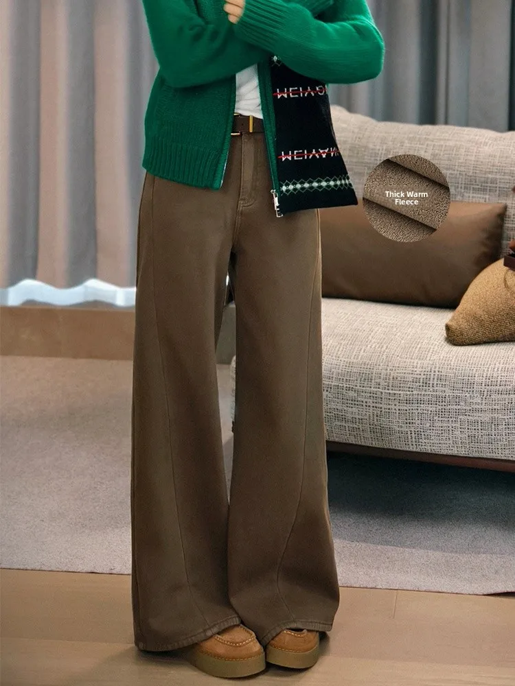 

Meiyang Oolong Tea Thi Fce Широкие джинсы Теплые повседневные длинные брюки с высокой талией Глубокие цвета Зимняя мода Женские джинсовые джинсы