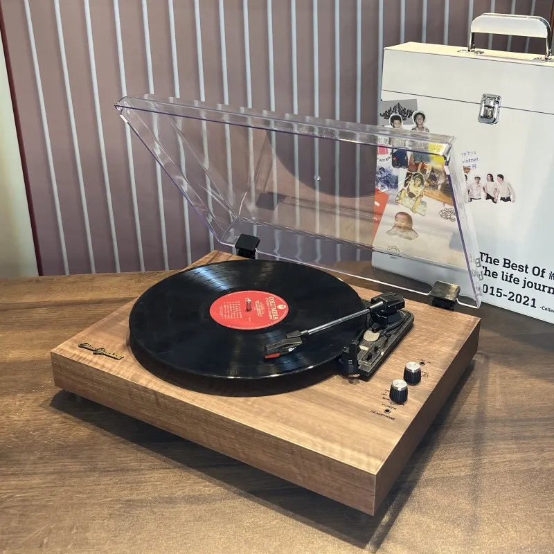 

Vinyl record player, retro record player, wooden phonograph, built-in dual-speaker speaker, desktop acrylic dust cover.