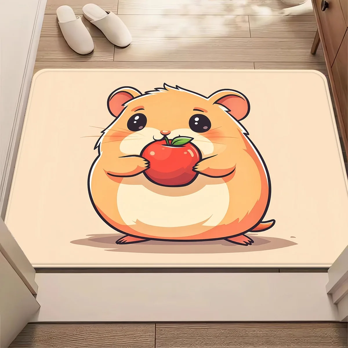 Cute Hamster & Apple Mat – Soft, Washable, Non-Slip Rug for Bedroom Bathroom Entry  Pet-Friendly Indoor Use