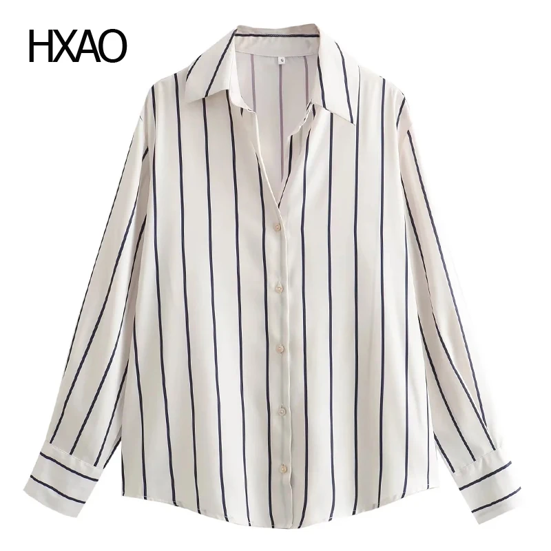 

HXAO Striped Shirt Women's Shirt and Blouses Summer Satin Blouses Long Sleeve Tops Elegant Woman Shirt Ladies Office Outfits