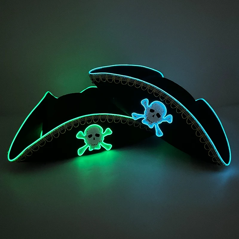 Luminous Black Pirate Hat Felt Tricorn Hat for Halloween Pirate Party Glow Cosplay Costume Props Halloween Pirate Hat with Light