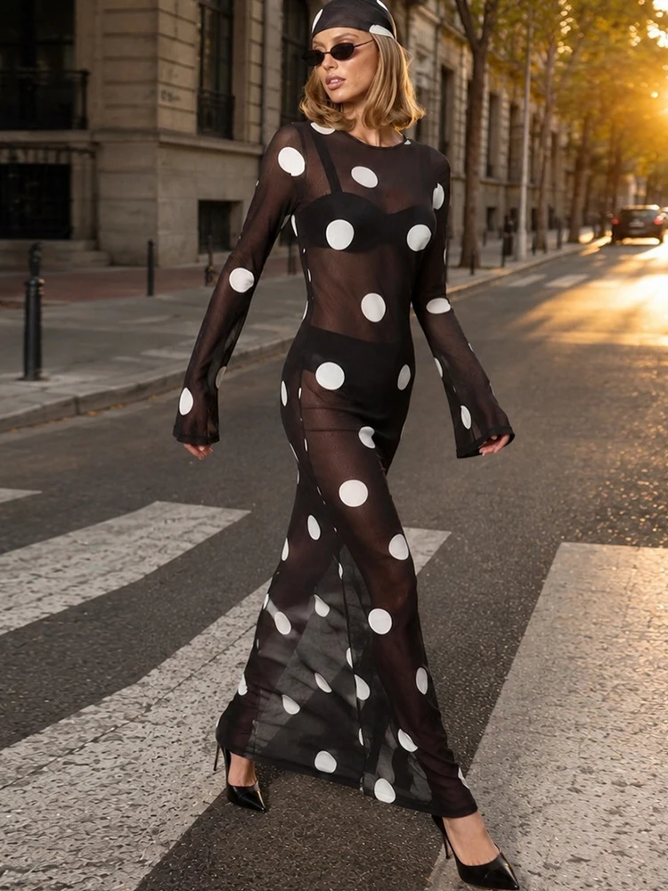 Sisterlinda Frau Sexy durchsichtiges Kleid + Kopftuch mit Polka-Dot-Print, O-Ausschnitt, volle Ärmel, Robe, Mitternachtsclub-Party, modische Kleider – Detail 16