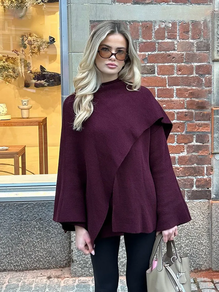 HH Winter Women\'s Fashion Long-sleeved Single-button Loose Woolen Coat With Asymmetrical Knitted Scarf Women\'s Short Coat