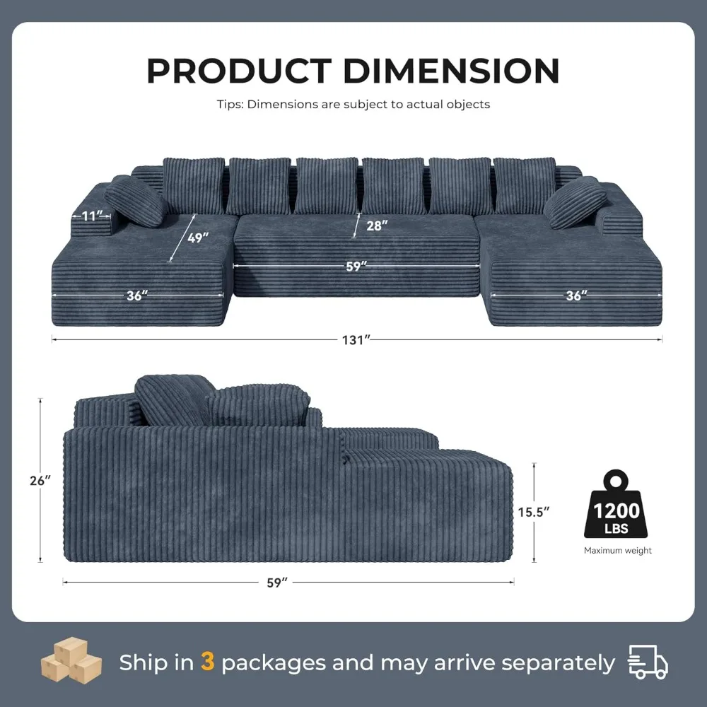 131'' Large Sectional Couches with Chaise Lounge, U-Shaped No Assembly Required Deep Seat Modular Cloud Sofa for Living Room 1PC