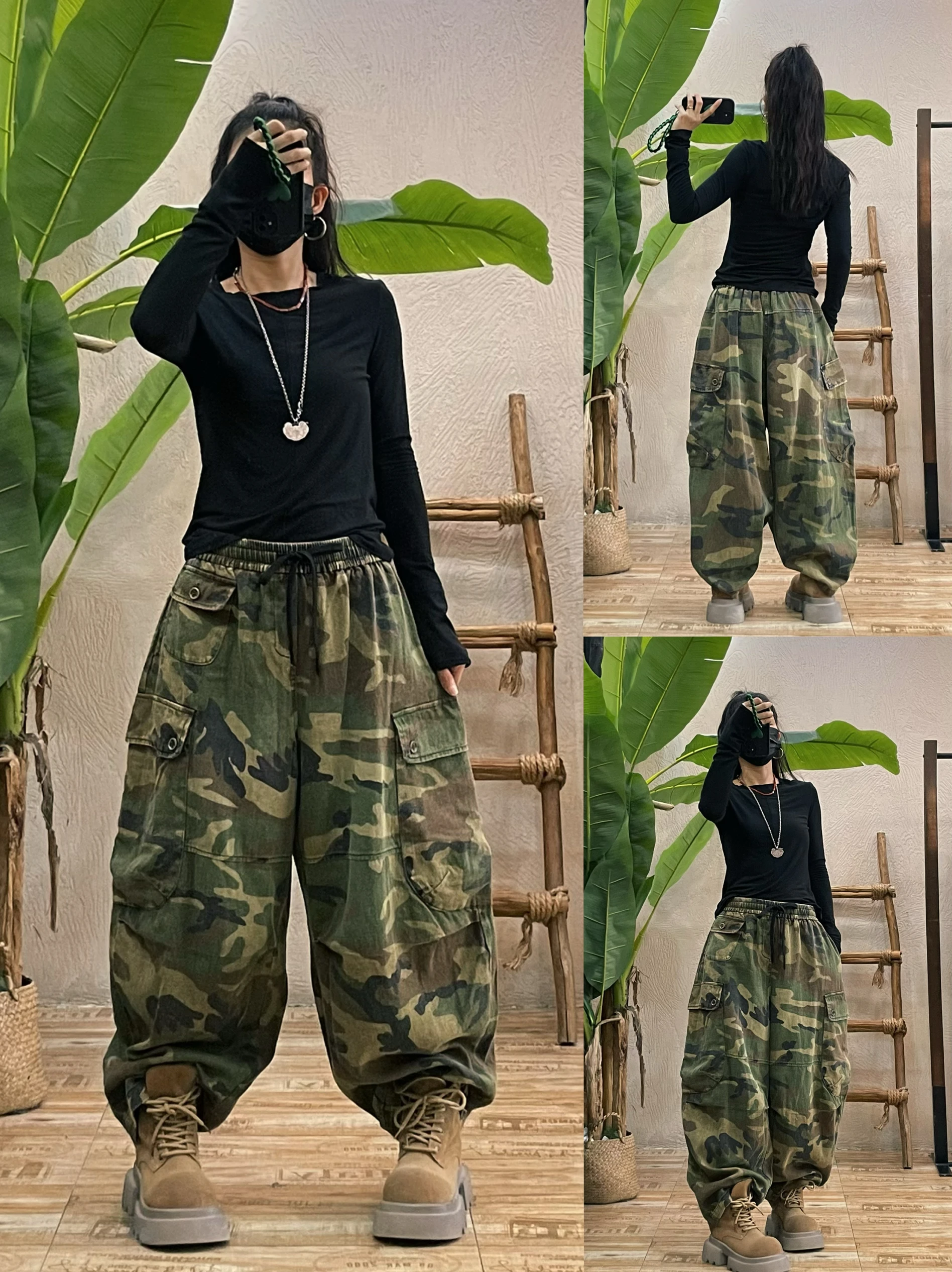 

Camouflage Wide Leg Workwear Jeans Loose Fit Retro Distressed Casual Straight Leg Trousers for Women Autumn 2025 New Style