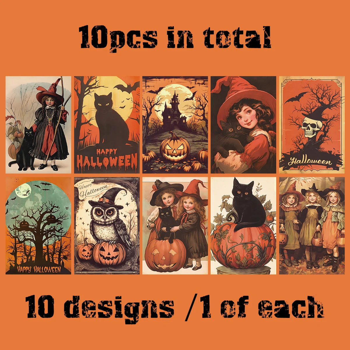 10 stücke Vintage Halloween Grußkarten Halloween Dekoration Postkarte mit schwarzer Katze, Kürbis, Wanda uf kleber Notiz karten Wohnkultur – Detail 12