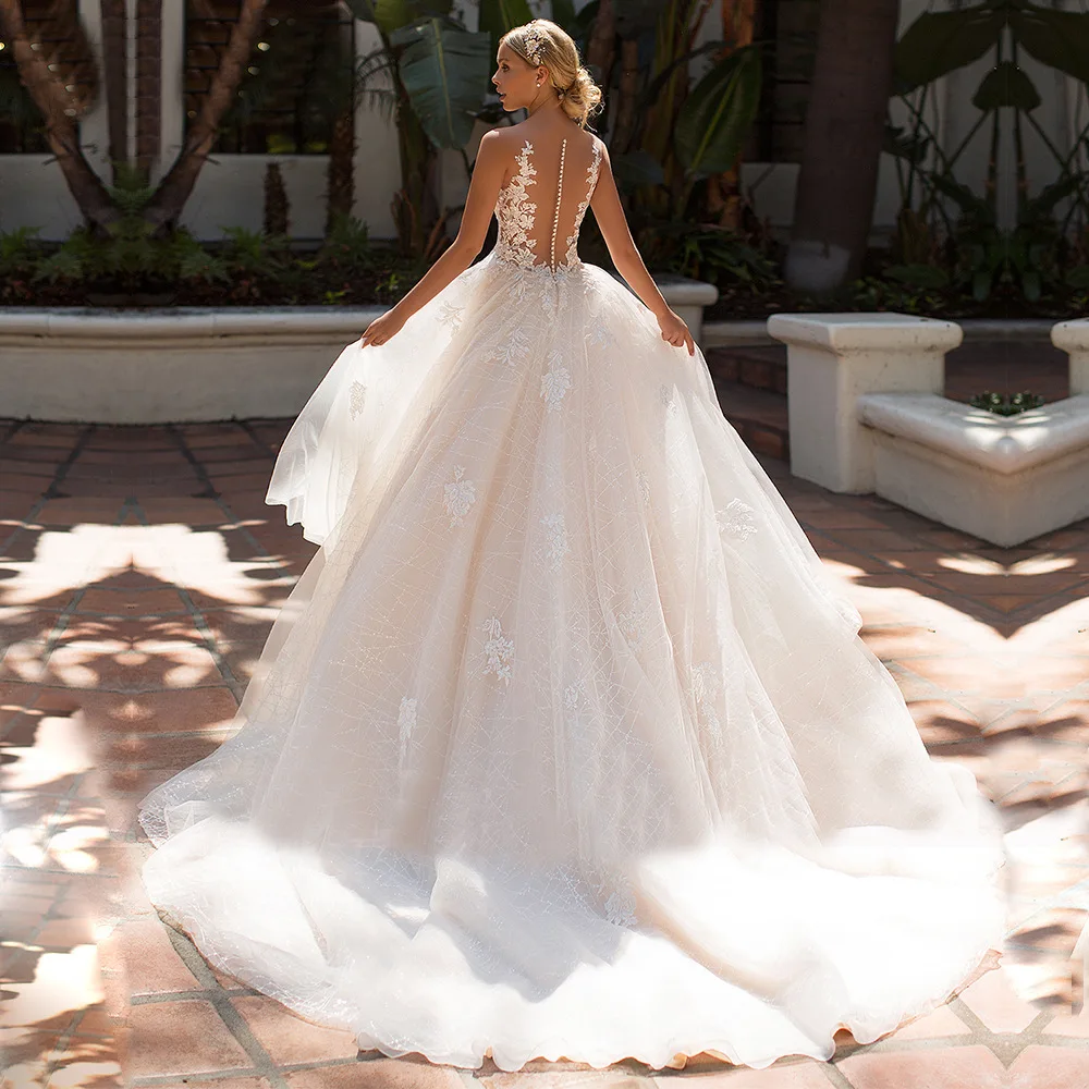 A Line Lace Wedding Dresses Applique Sequins Cap Sleeve Court Train Bridal Gown