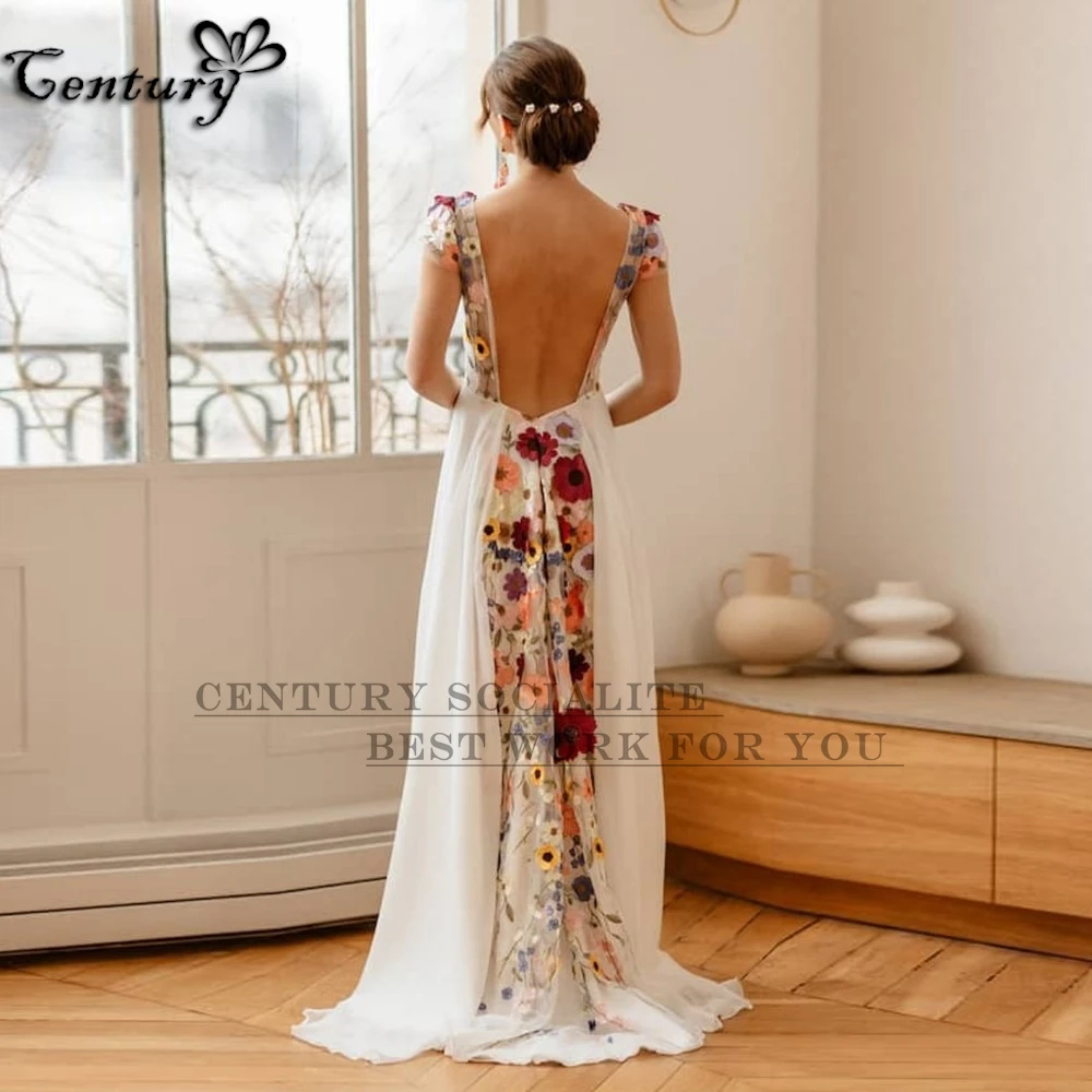 Abito da sposa floreale ricamato Donna 2025 Backless A Line Chiffon Pizzo Fiori 3D Abiti da sposa Robe de Mariee Personalizzato