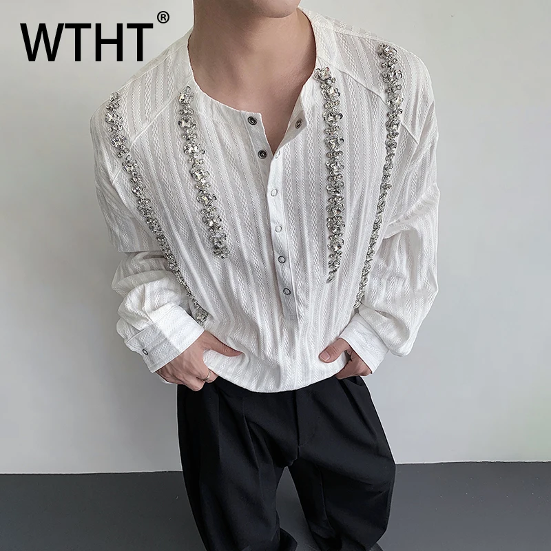 

WTHT Trendy Men's Spliced Diamond Texture Design Loose Shirts Fashion Single-breasted Lapel Casual Tops Male 2025 Summer 2A1253