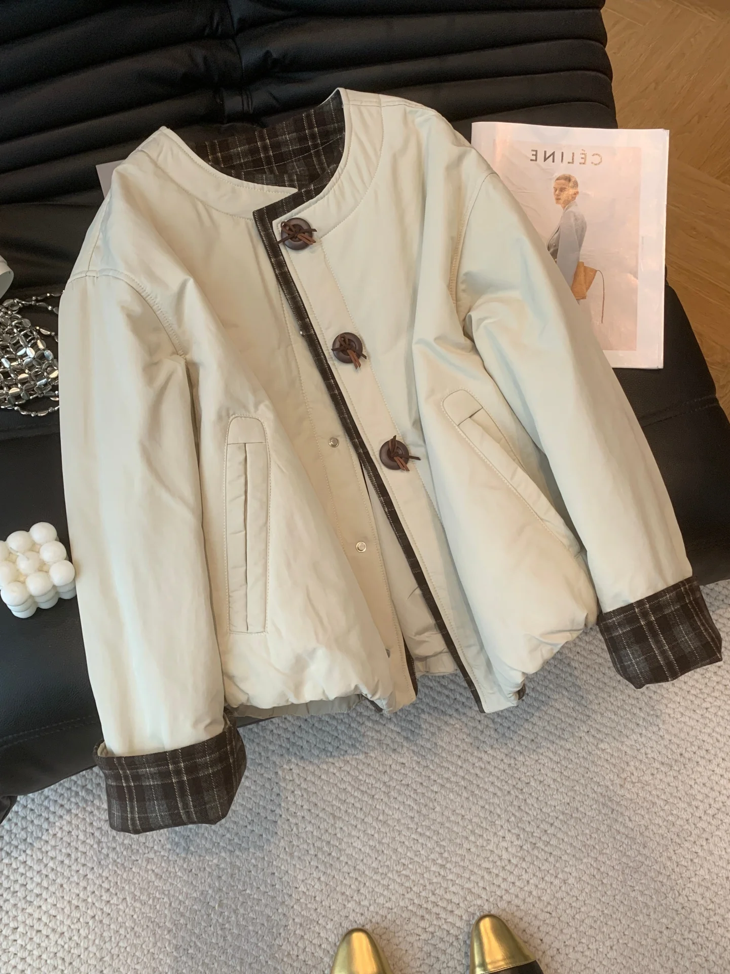 

Корейская круглая повседневная хлопковая куртка в клетку, свободная посадка, осенне-зимнее пальто, женская модная мужская одежда