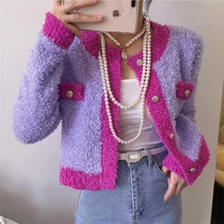 Korean Chic Autumn Winter Patchwork Knitted Cardigan Women Loose Casual Sweater Coat Elegant Luxury Purple Cropped Jacket 2023