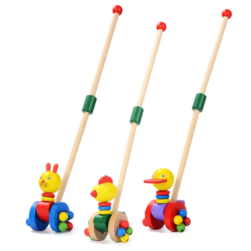 kids Wooden Toys Cute Cartoon Animals Funny Puzzle Trolley Car Wood Pushing Toy Random Color