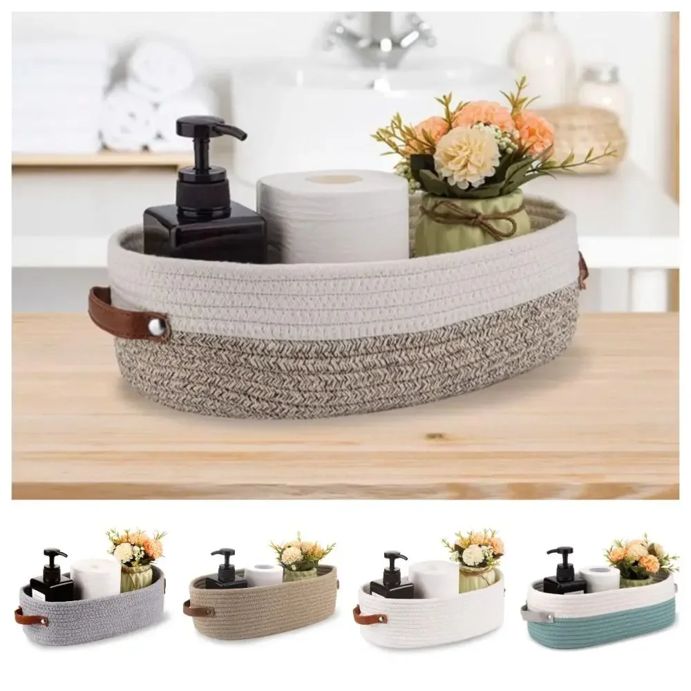 

Oval Cotton Rope Woven Storage Baskets Leather Handles Bohemian Style Sundries Organizer Box Durable Multifunctional