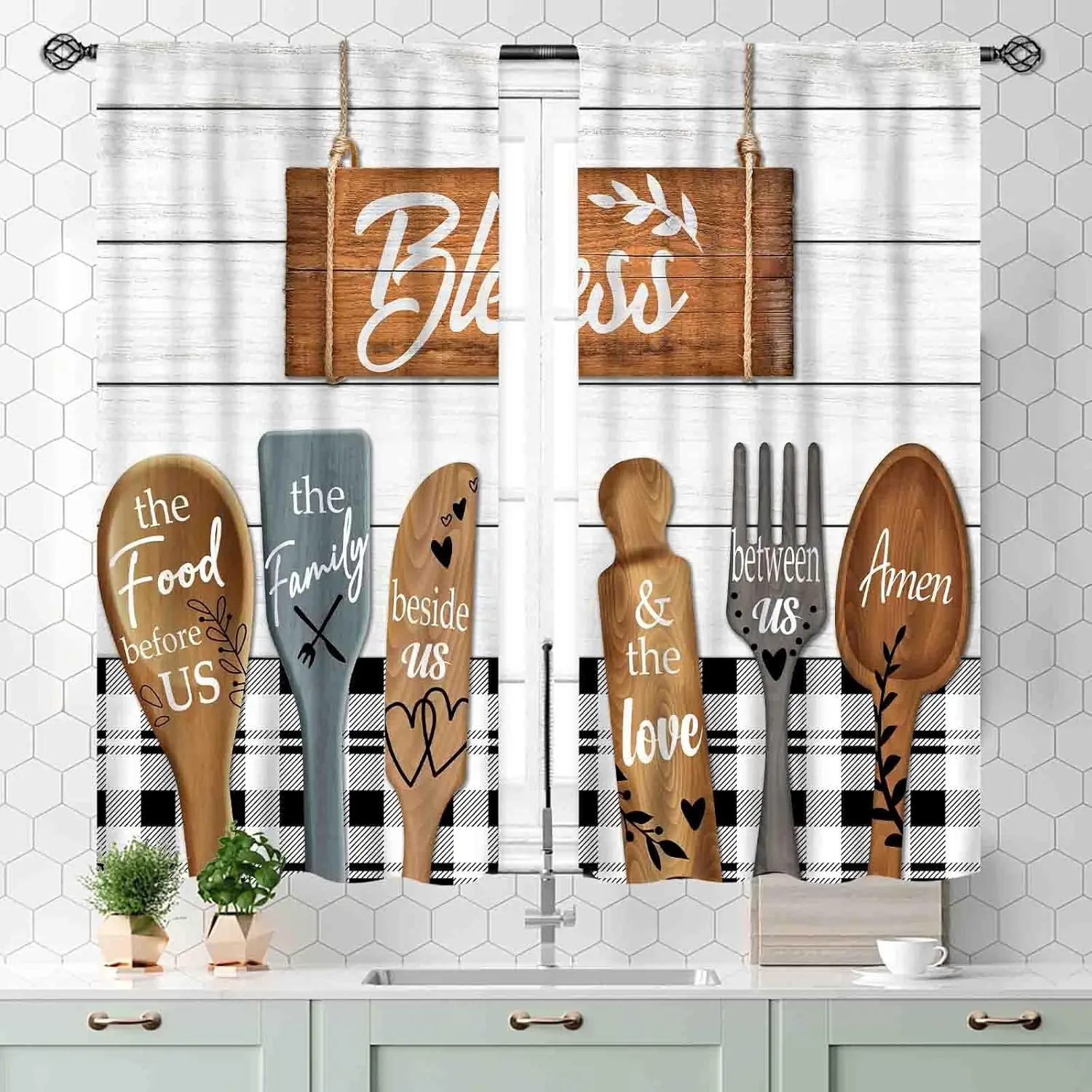 Farmhouse Kitchen Curtainsm, Rustic Fork and Spoon Woodern Plank Board Cook Theme Country Cottage Cafe Living Room Bedroom