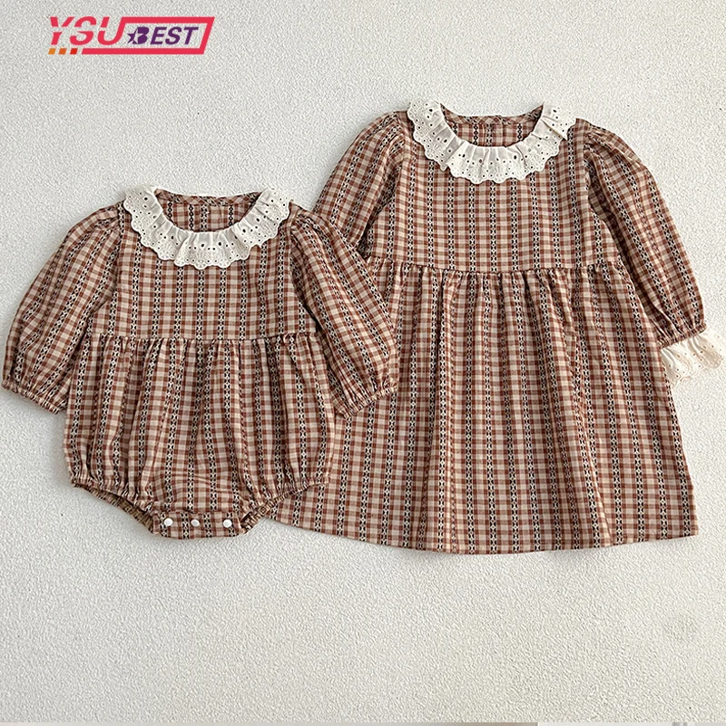 Newborn Baby Girls Clothes Rompers Baby Girls Vintage Lace Flowers Printing Sisters Dress Infant Kids Baby Girl Princess Rompers